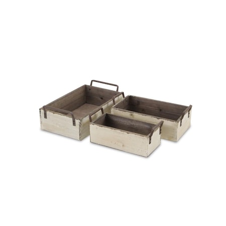 Small Wood Crate With Side Metal Handles & Metal Panel On Side Of Crate - Set Of 3